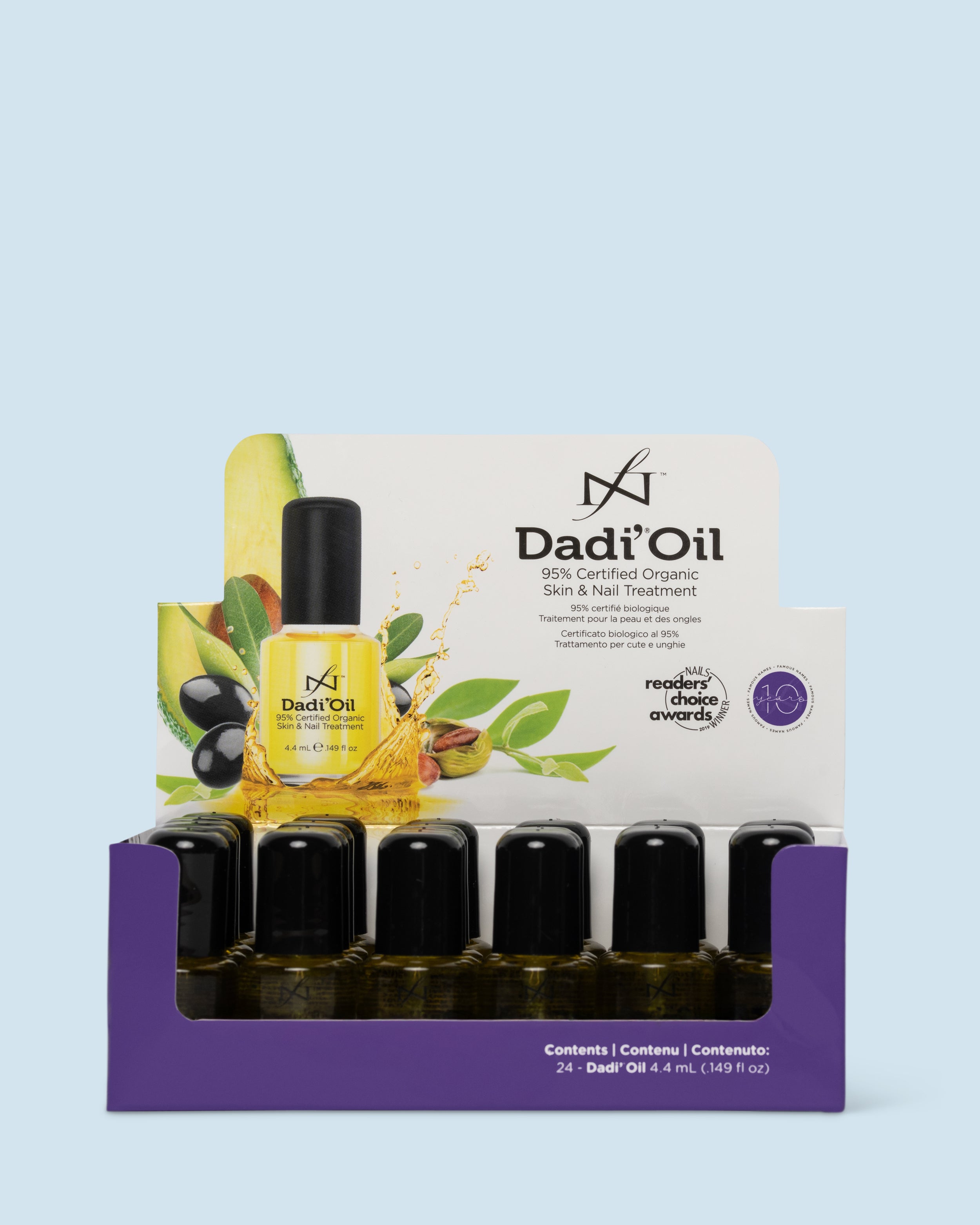 Dadi’ Oil display 24×3.75 ml – professionele display met 24 mini flesjes verzorgende nagel- en cuticle-olie.