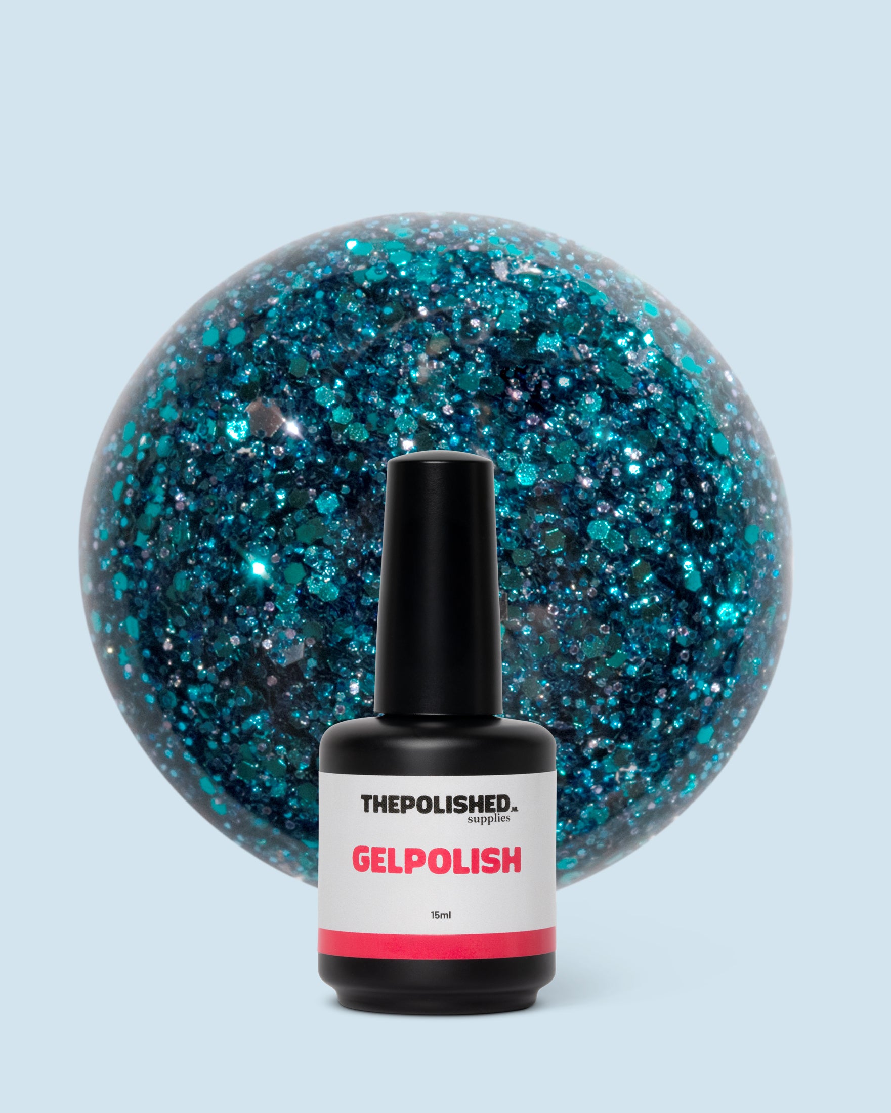 Velvet Ocean glitter gelpolish 15 ml van The Polished, oceaanblauwe tint met glinsterende accenten.