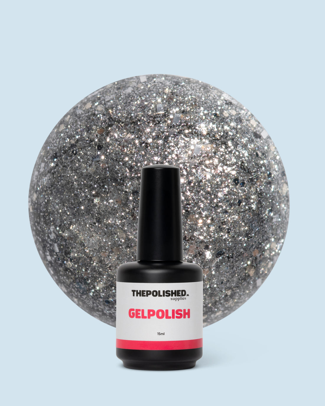 Silver Rain gelpolish 15 ml van The Polished – elegante zilvergrijze kleur met een subtiele, sprankelende metallic uitstraling.