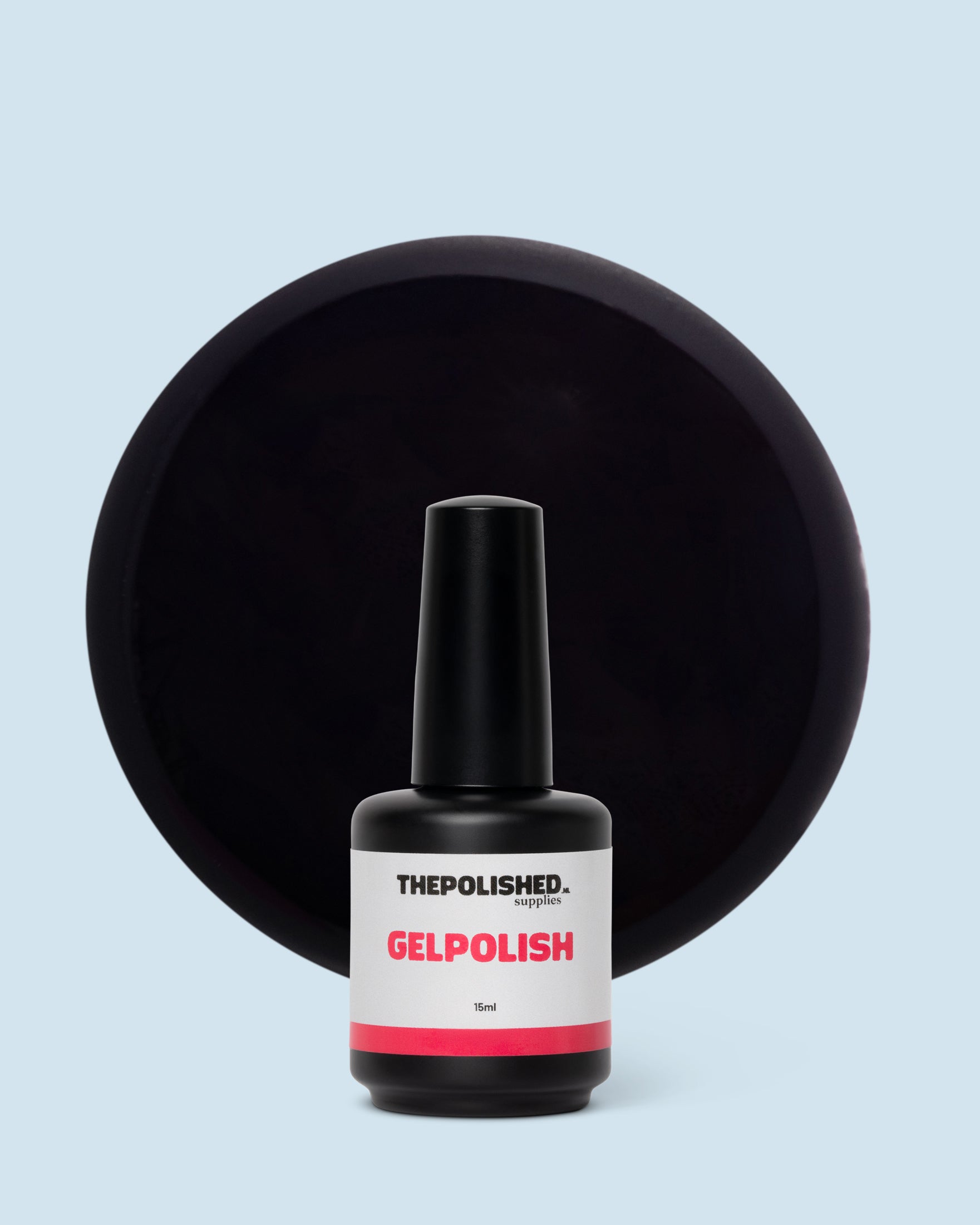 Zwart gelpolish 15 ml van The Polished – intense diepzwarte kleur met een strakke, elegante uitstraling.